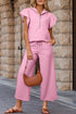 Textured Ruffle Sleeve Zipped Wide Leg Pant Set