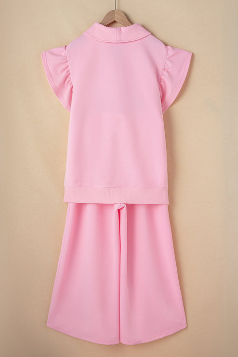 Textured Ruffle Sleeve Zipped Wide Leg Pant Set