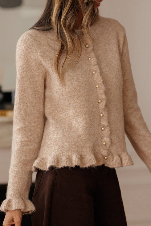 Textured Ruffle Trim Button Front Knit Cardigan