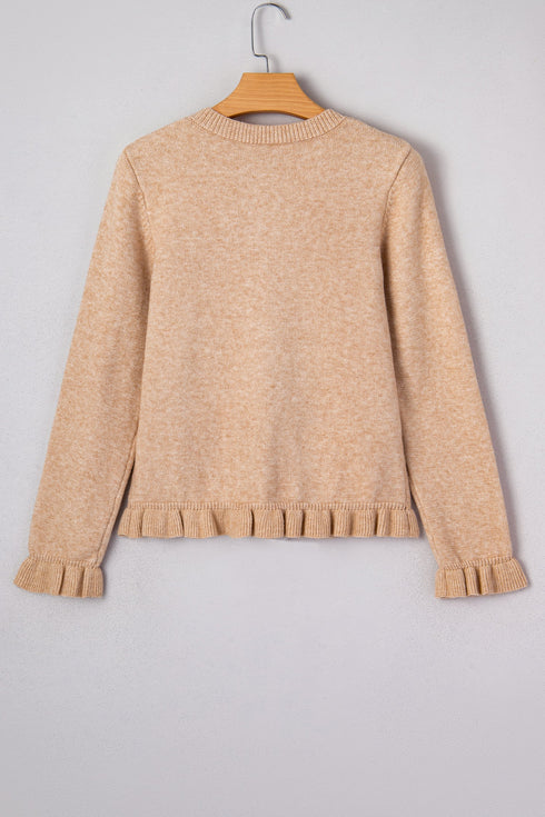 Textured Ruffle Trim Button Front Knit Cardigan