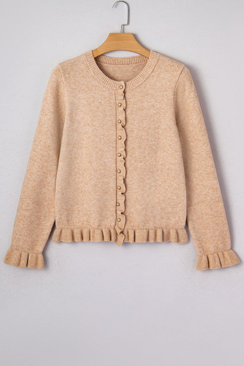 Textured Ruffle Trim Button Front Knit Cardigan