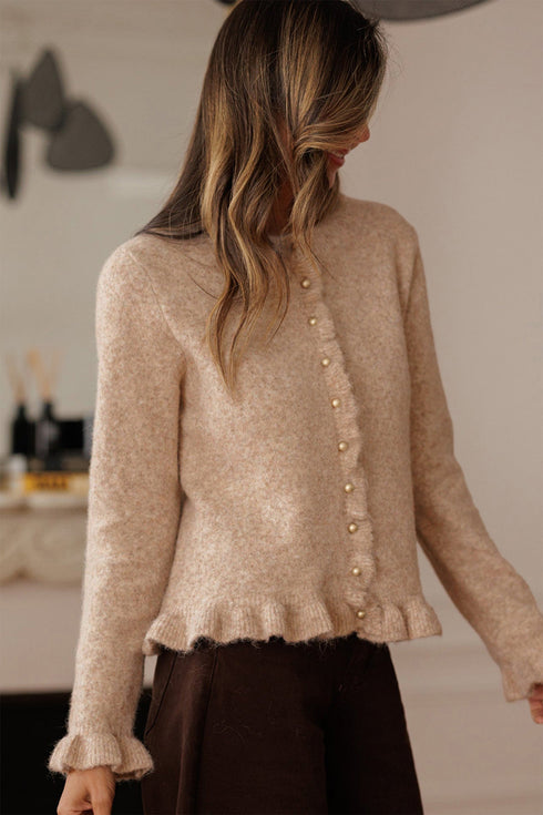 Textured Ruffle Trim Button Front Knit Cardigan