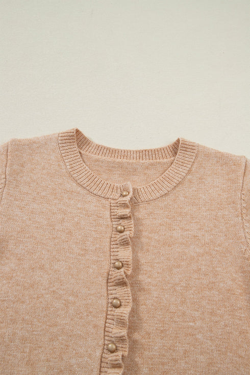 Textured Ruffle Trim Button Front Knit Cardigan