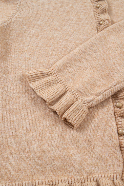 Textured Ruffle Trim Button Front Knit Cardigan