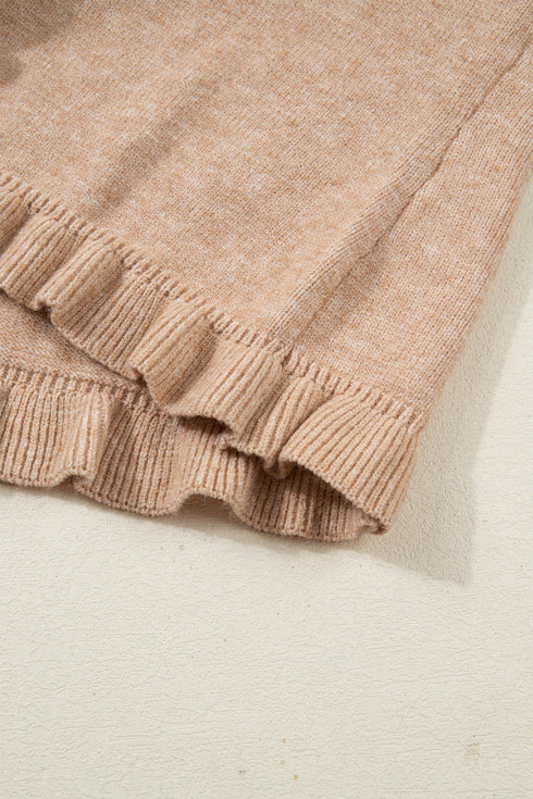 Textured Ruffle Trim Button Front Knit Cardigan