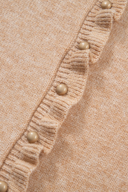 Textured Ruffle Trim Button Front Knit Cardigan