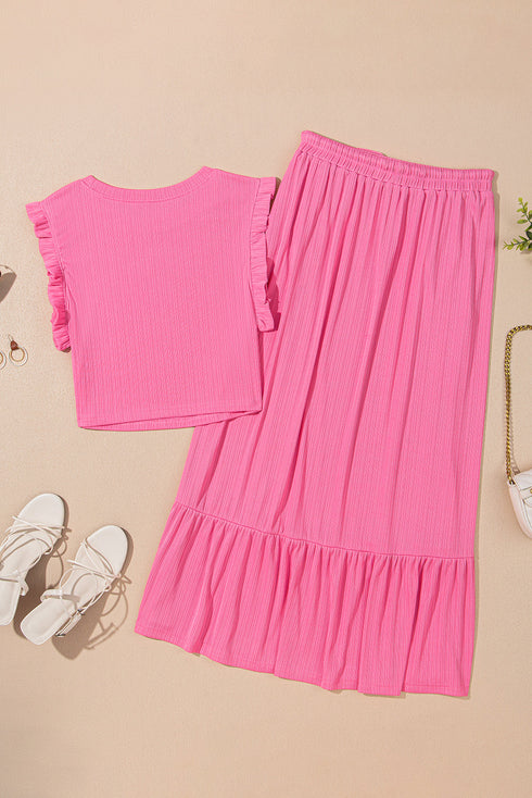 Textured Ruffle Trim Crop Vest Long Skirt Two Piece Dress