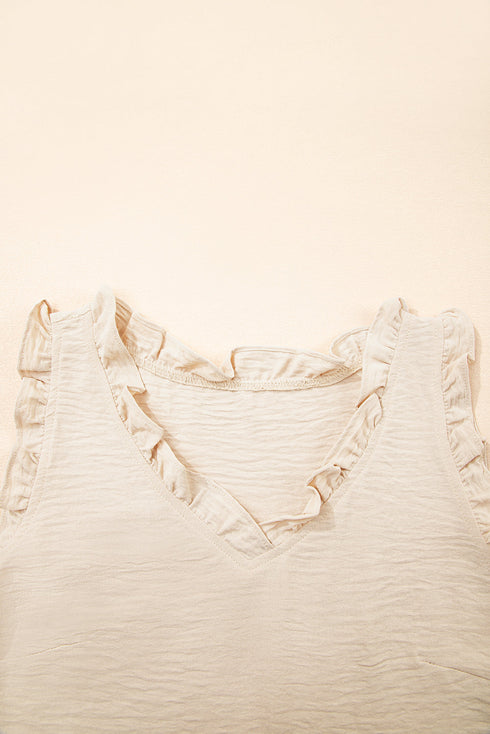Textured Ruffle Trim Sleeveless V Neck Woven Blouse