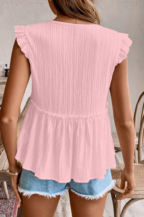 Textured Ruffle Trim V Neck Flutter Sleeve Flowy Blouse