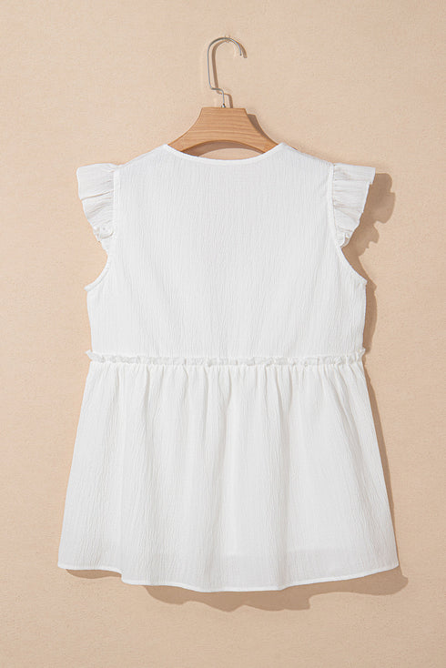 Textured Ruffle Trim V Neck Flutter Sleeve Flowy Blouse