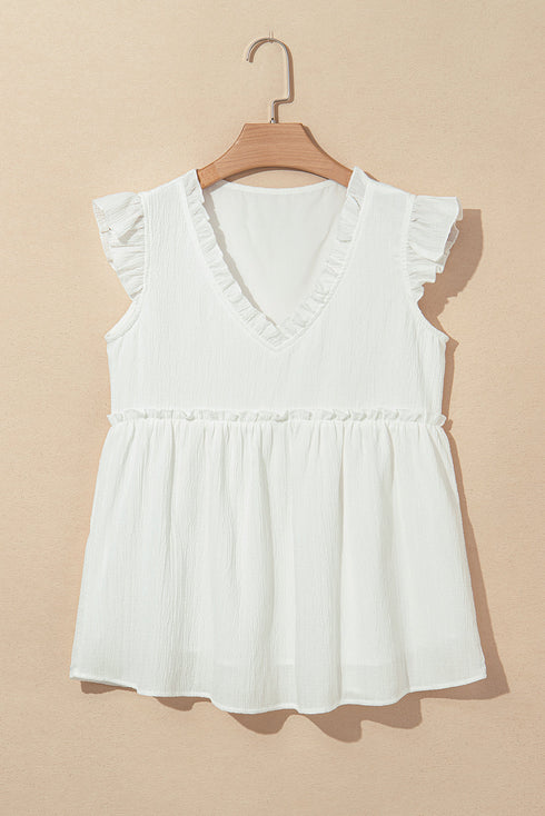 Textured Ruffle Trim V Neck Flutter Sleeve Flowy Blouse
