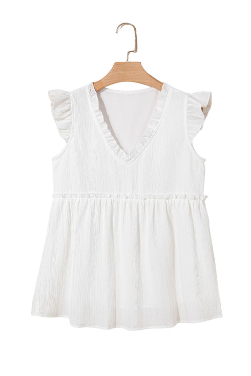 Textured Ruffle Trim V Neck Flutter Sleeve Flowy Blouse