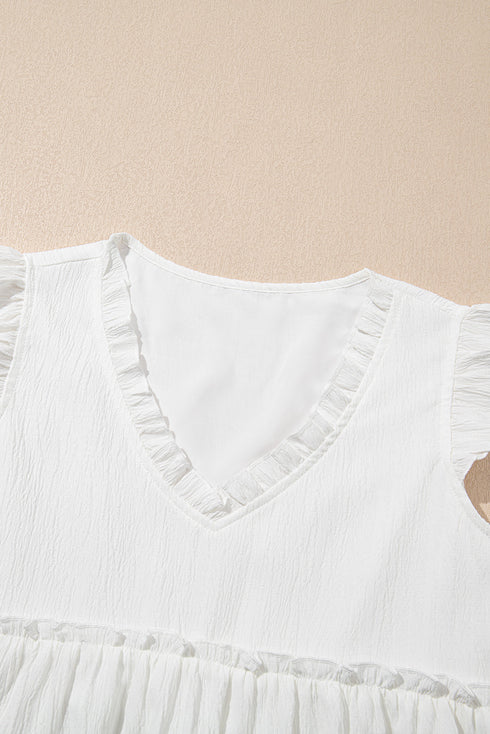 Textured Ruffle Trim V Neck Flutter Sleeve Flowy Blouse