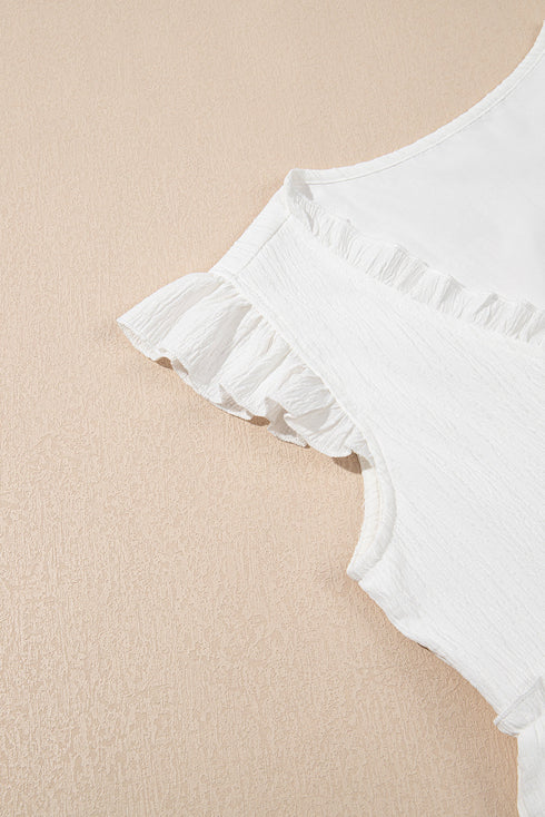 Textured Ruffle Trim V Neck Flutter Sleeve Flowy Blouse