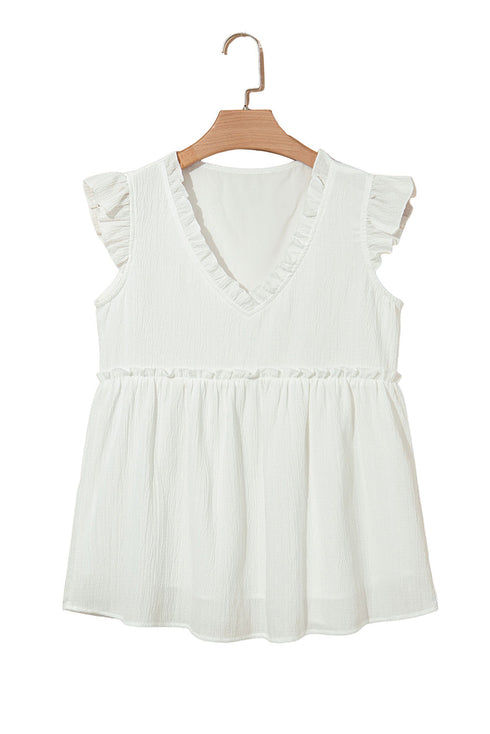 Textured Ruffle Trim V Neck Flutter Sleeve Flowy Blouse