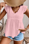 Textured Ruffle Trim V Neck Flutter Sleeve Flowy Blouse