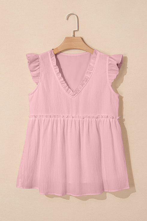 Textured Ruffle Trim V Neck Flutter Sleeve Flowy Blouse