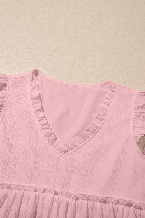 Textured Ruffle Trim V Neck Flutter Sleeve Flowy Blouse
