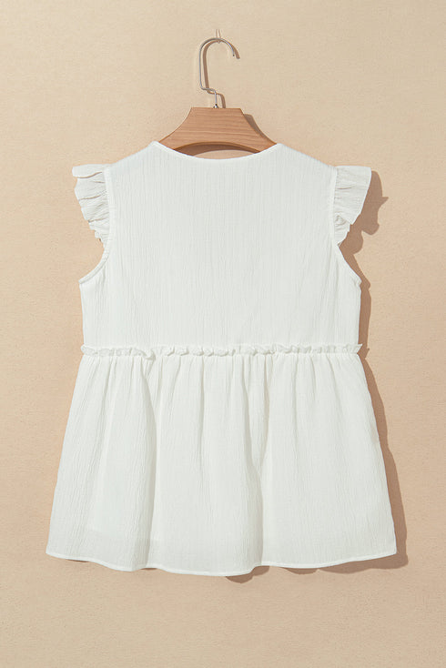 Textured Ruffle Trim V Neck Flutter Sleeve Flowy Blouse
