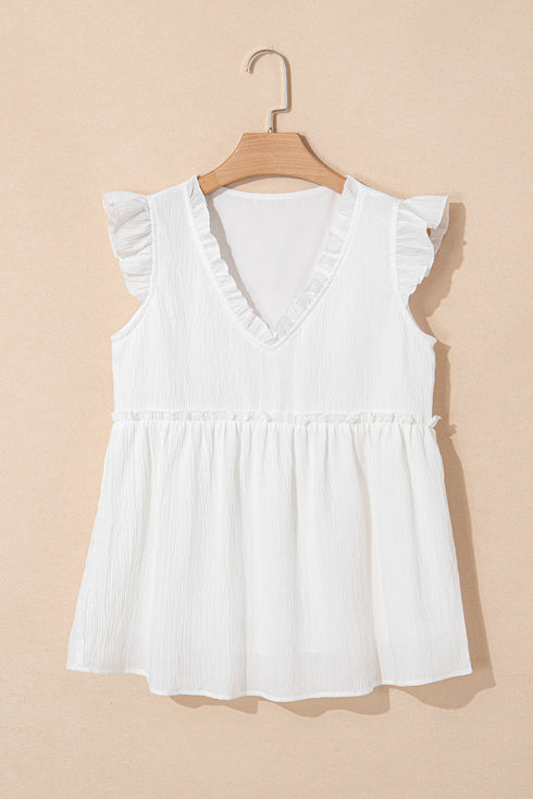 Textured Ruffle Trim V Neck Flutter Sleeve Flowy Blouse