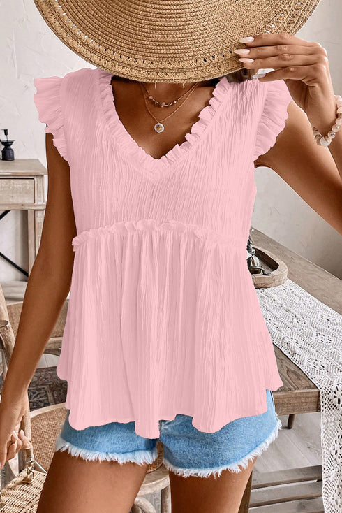 Textured Ruffle Trim V Neck Flutter Sleeve Flowy Blouse