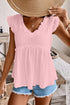 Textured Ruffle Trim V Neck Flutter Sleeve Flowy Blouse