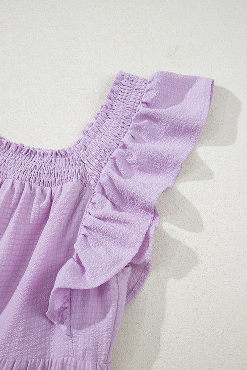 Textured Ruffled Flutter Sleeve Square Neck Tiered Maxi Dress