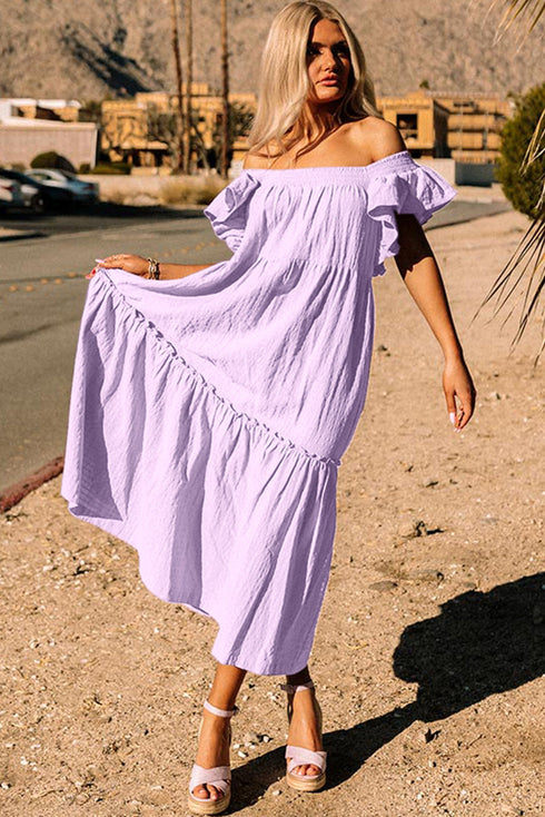 Textured Ruffled Flutter Sleeve Square Neck Tiered Maxi Dress