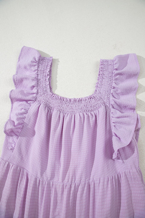 Textured Ruffled Flutter Sleeve Square Neck Tiered Maxi Dress