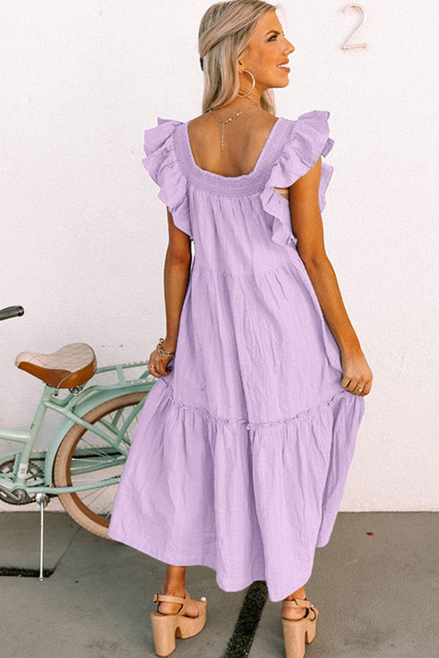 Textured Ruffled Flutter Sleeve Square Neck Tiered Maxi Dress