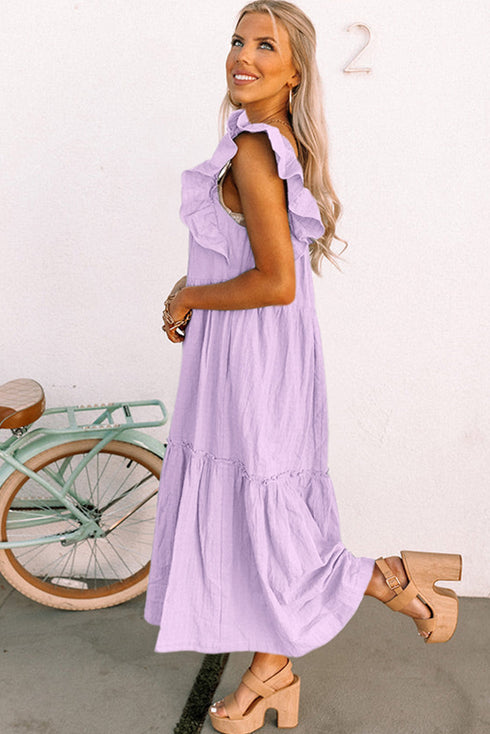 Textured Ruffled Flutter Sleeve Square Neck Tiered Maxi Dress