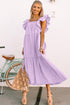 Textured Ruffled Flutter Sleeve Square Neck Tiered Maxi Dress