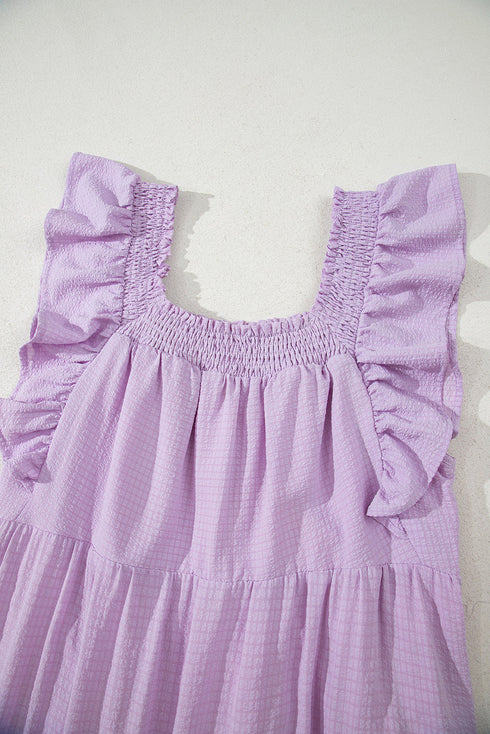 Textured Ruffled Flutter Sleeve Square Neck Tiered Maxi Dress