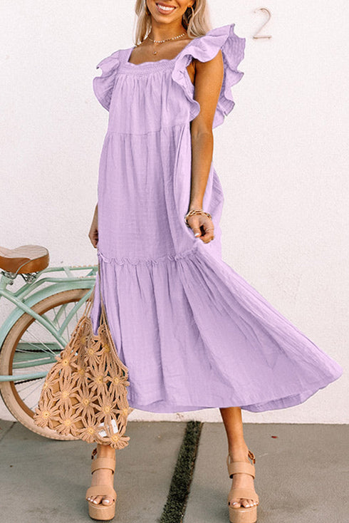 Textured Ruffled Flutter Sleeve Square Neck Tiered Maxi Dress