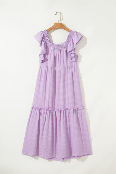 Textured Ruffled Flutter Sleeve Square Neck Tiered Maxi Dress