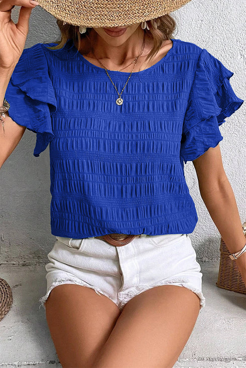 Textured Ruffled Sleeve Round Neck Top