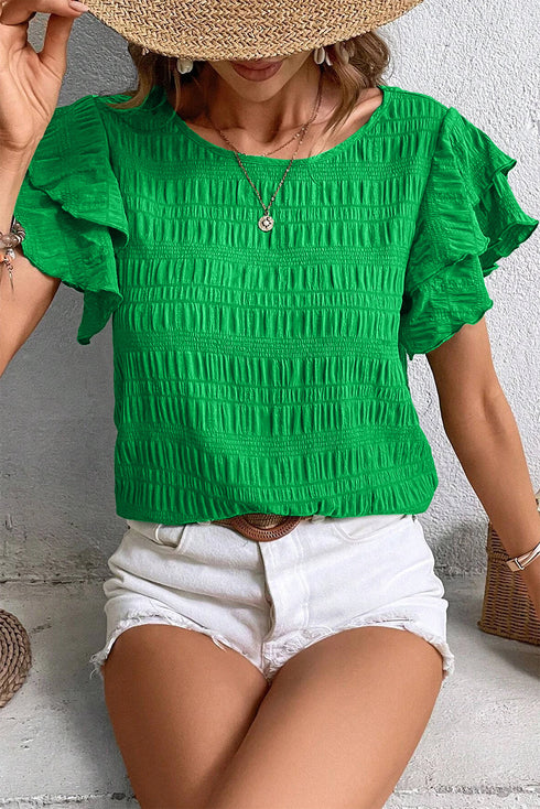 Textured Ruffled Sleeve Round Neck Top