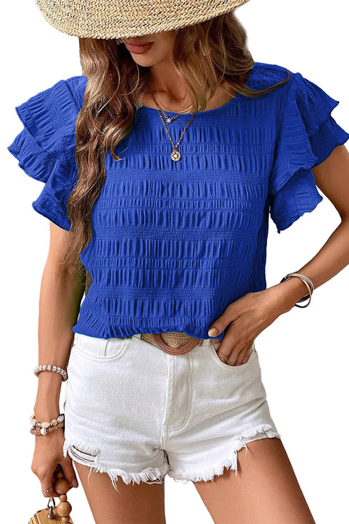 Textured Ruffled Sleeve Round Neck Top