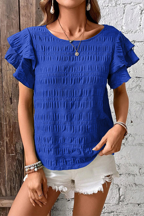 Textured Ruffled Sleeve Round Neck Top