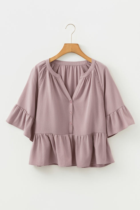 Textured Ruffled Sleeve Slit Neck Cotton Blend Blouse