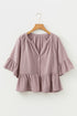 Textured Ruffled Sleeve Slit Neck Cotton Blend Blouse