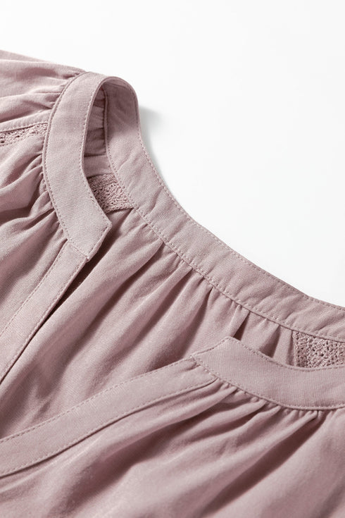 Textured Ruffled Sleeve Slit Neck Cotton Blend Blouse