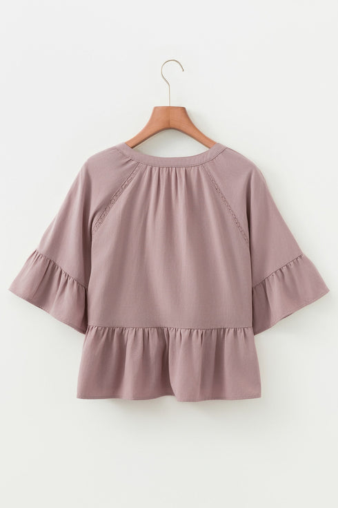 Textured Ruffled Sleeve Slit Neck Cotton Blend Blouse