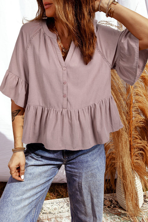 Textured Ruffled Sleeve Slit Neck Cotton Blend Blouse