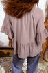 Textured Ruffled Sleeve Slit Neck Cotton Blend Blouse