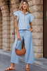 Textured Ruffled Sleeve Zipped Top and Wide Leg Pants Set