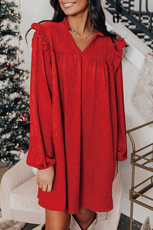 Textured Ruffled Trim V Neck Loose Fit Mini Dress