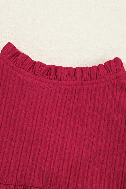 Textured Ruffled Trim V Neck Loose Fit Mini Dress