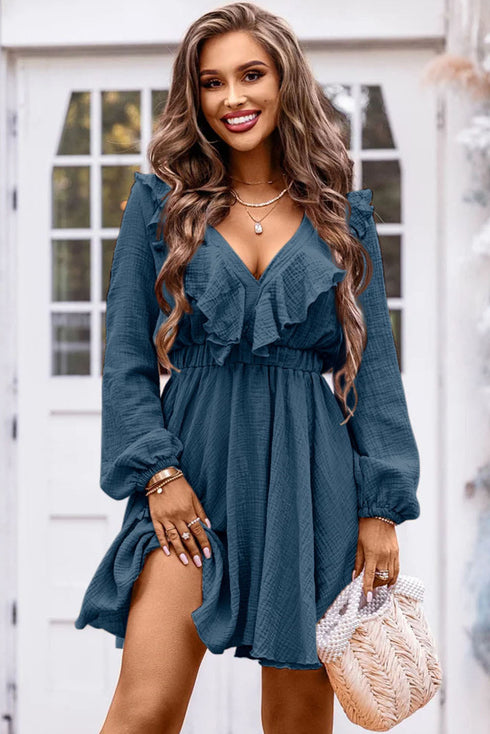 Textured Ruffled V Neck High Waist Mini Dress