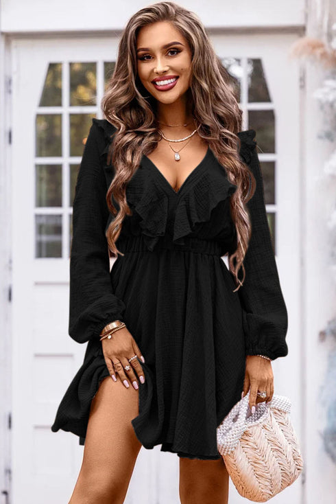 Textured Ruffled V Neck High Waist Mini Dress